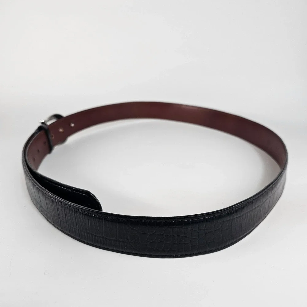 Brian Toohey Leather Belt 42 Black & Silver Hardware Croc Embossed Made In USA